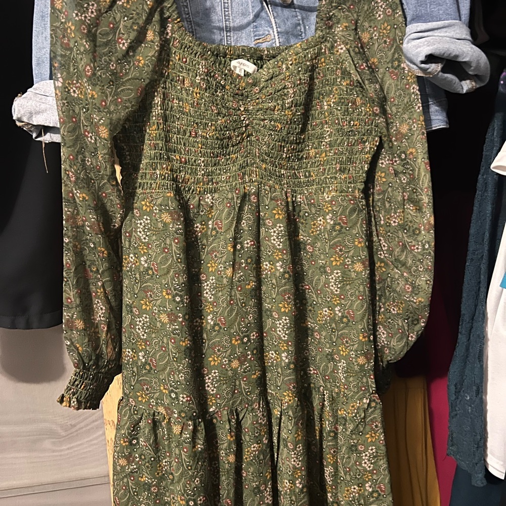 Maurices Green and Gold Pleated Sundress with Bishop Sleeves